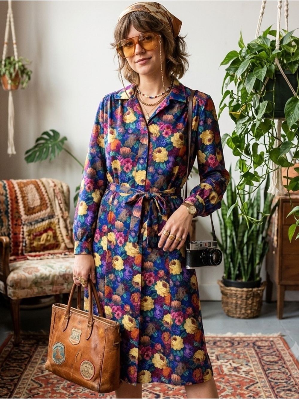 RARE NWT Vintage Nancy Frock 1970’s Floral Long Sleeve Dress, Size 16P Colorful
